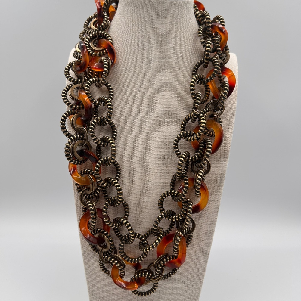 Chicos Bronze tone Faux Tortoise Shell Chunky Wrap Statement Necklace Long 48"